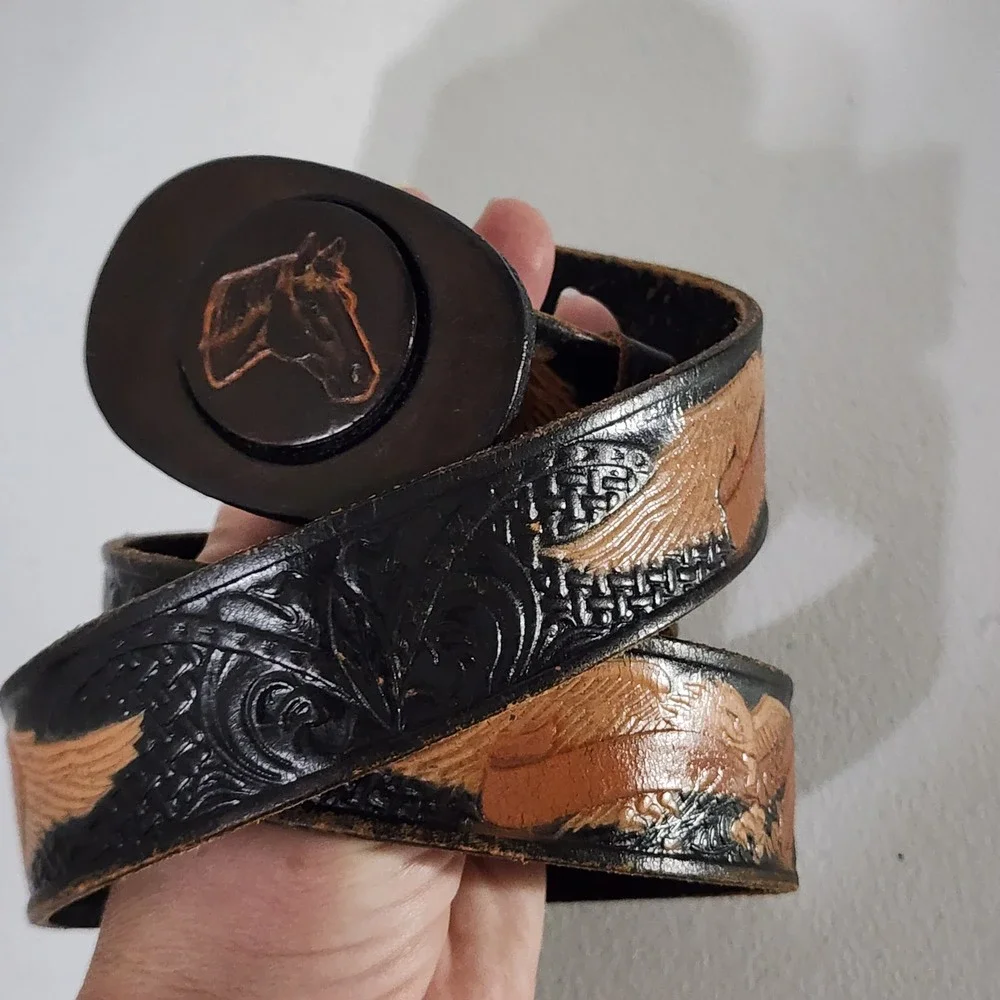 Vintage Western Tooled Leather Eagle Belt Horse Buckle Black Tan Mens 38 6279